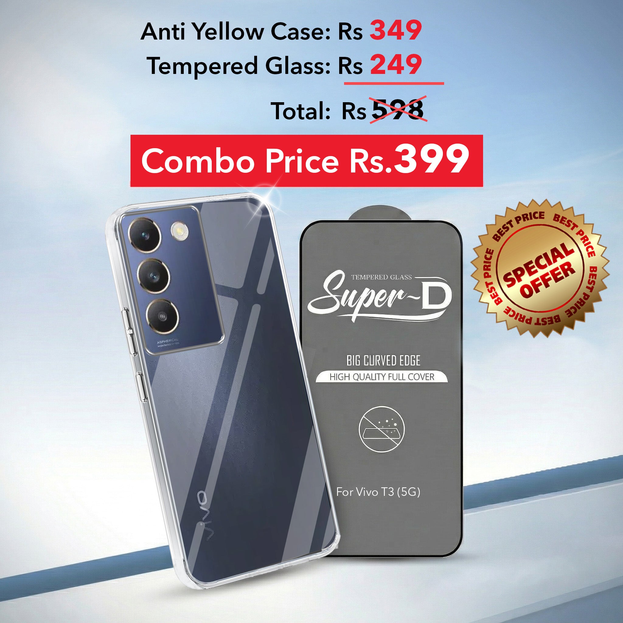 For Vivo T3 5G Combo with Back Cover and 9H Tempered Glass (Lifetime Anti-Yellow | Sleek Hard Crystal | Oleophobic Coating Screen Glass)