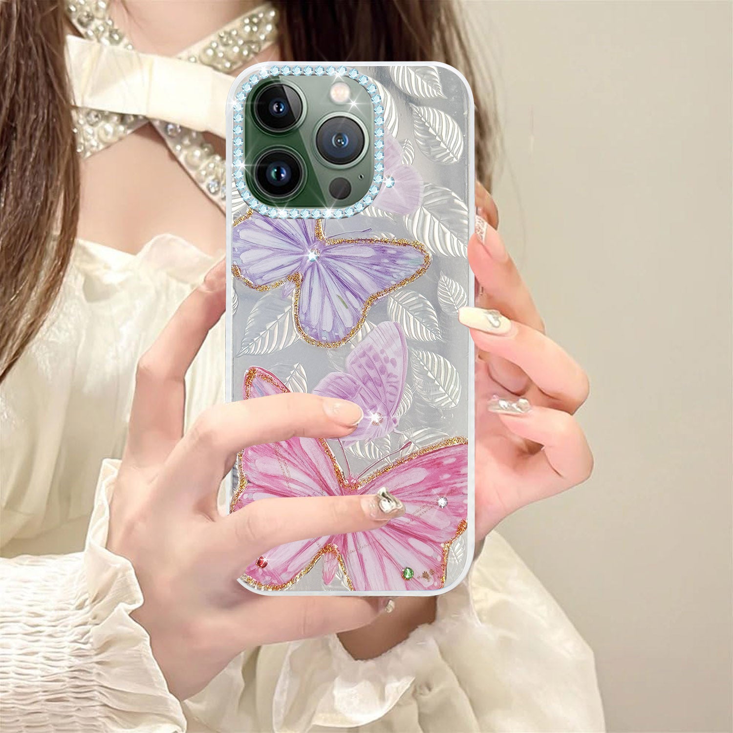 For Apple iPhone 13 Pro Back Cover Case (Luxury Floral Glitter Cute Butterfly | Diamond Studded Camera Bump | Girls & Women Design)