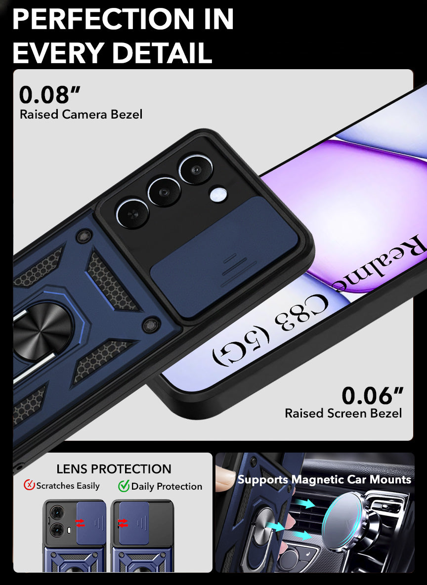 For Realme C83 5G Back Cover Case Hybrid Armor (Sliding Shutter Camera Protection | Polycarbonate |Ring Holder Kickstand)