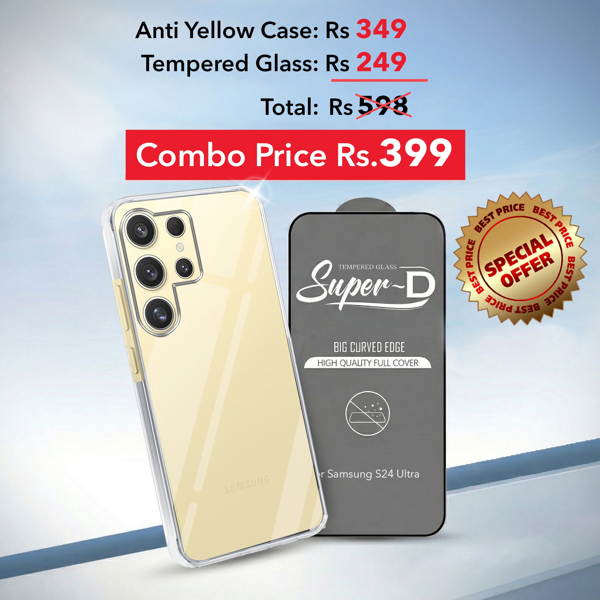 For Samsung Galaxy S24 Ultra Combo with Back Cover and 9H Tempered Glass (Lifetime Anti-Yellow | Sleek Hard Crystal | Oleophobic Coating Screen Glass)