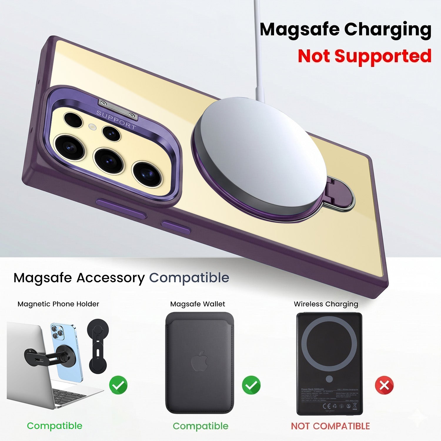 For Samsung Galaxy S24 Ultra Back Cover Case Crystal (Lifetime Anti Yellow | Magnetic Ring Stand | Camera Lens Protection | MagSafe Compatible)