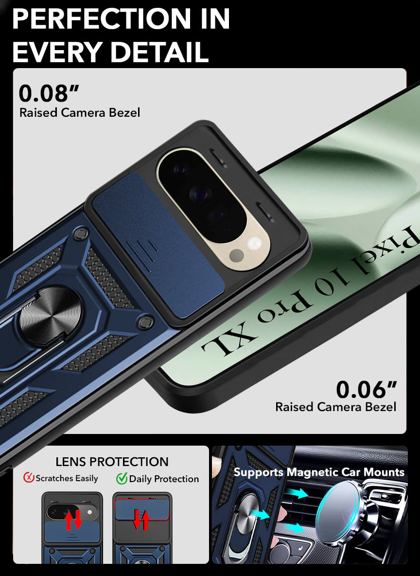For Google Pixel 10 Pro XL Back Cover Case Hybrid Armor (Sliding Shutter Camera Protection | Polycarbonate |Ring Holder Kickstand)