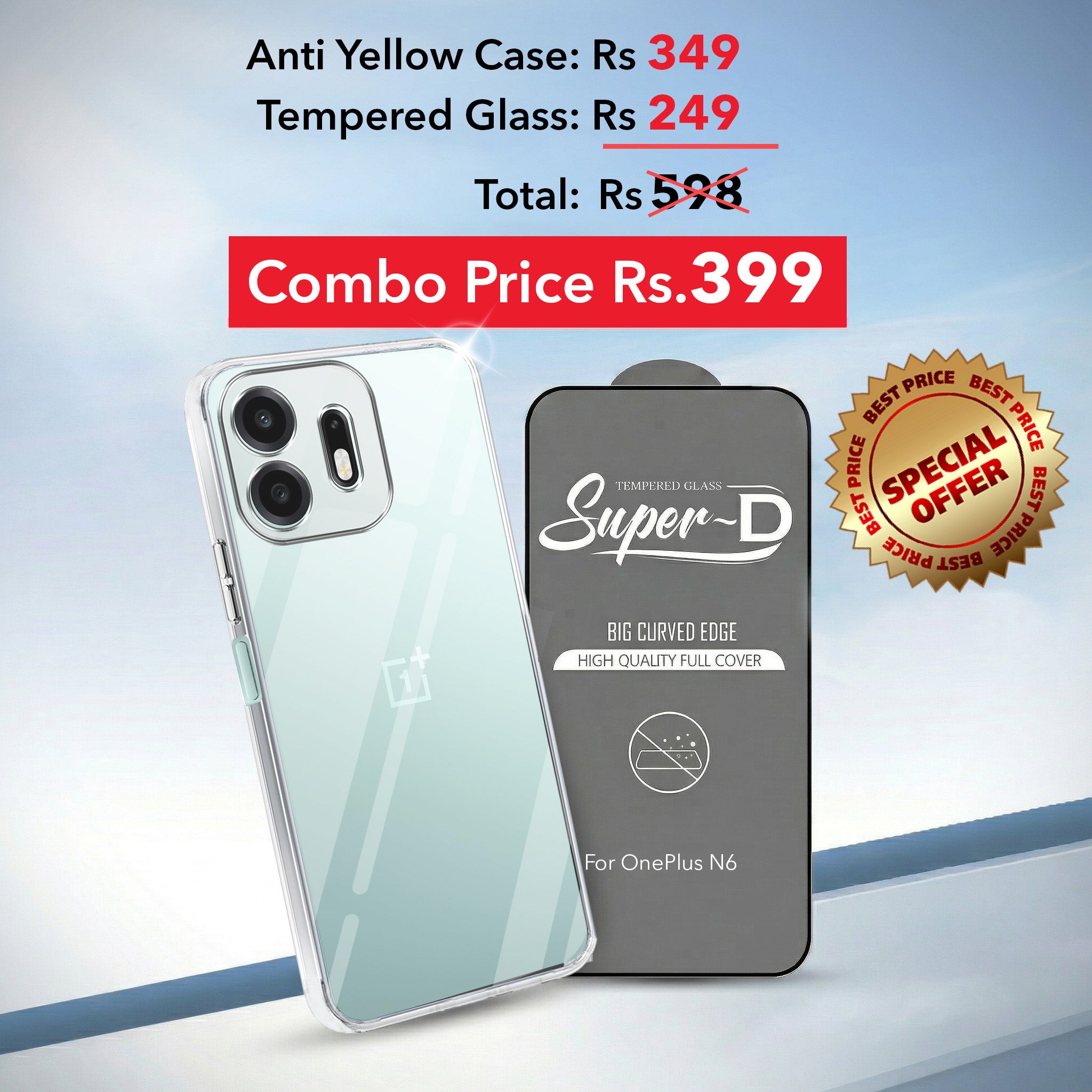For OnePlus N6 Combo with Back Cover and 9H Tempered Glass (Lifetime Anti-Yellow | Sleek Hard Crystal | Oleophobic Coating Screen Glass)