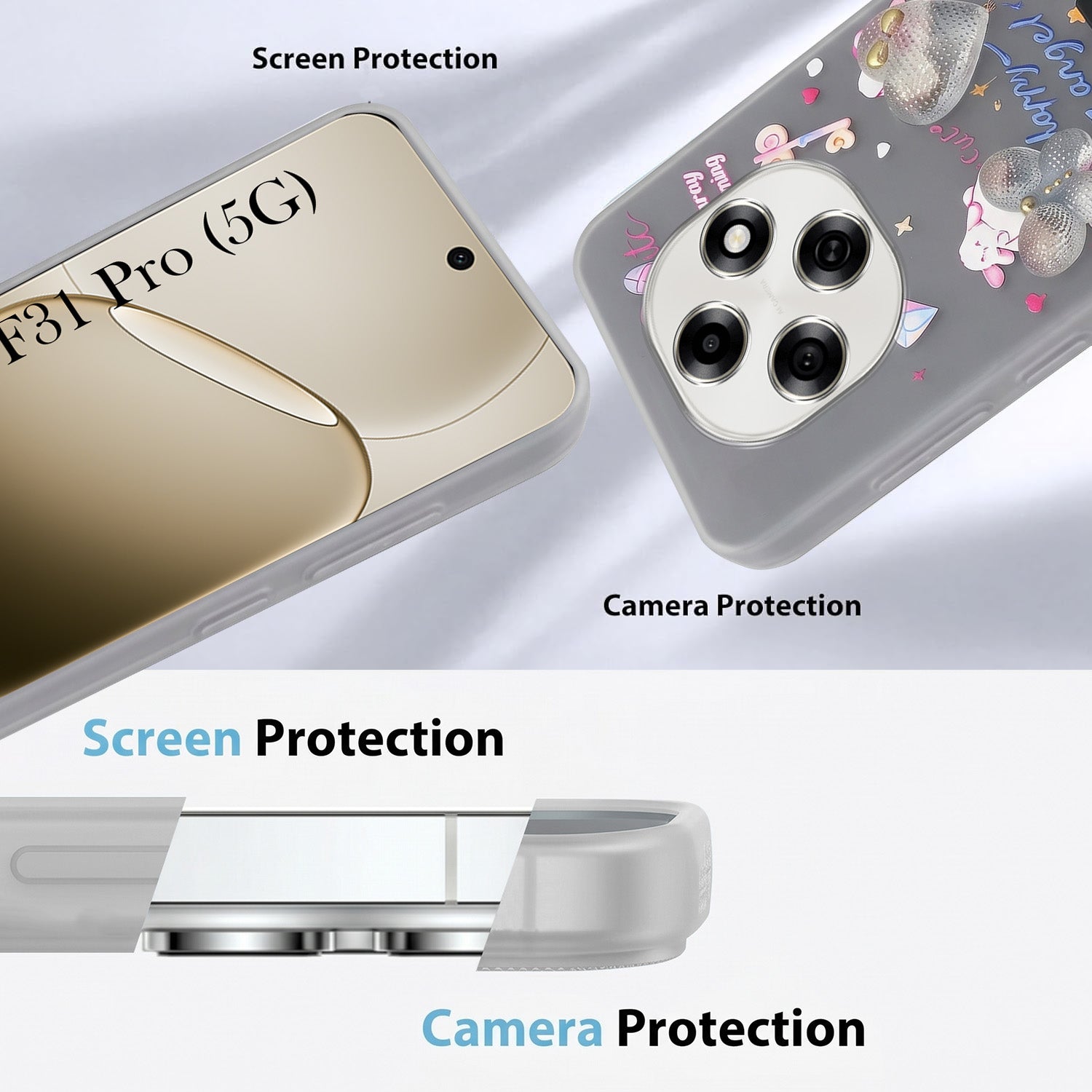 For Oppo F31 Pro Back Cover Case (3D Cute Heart Strap Holder | Camera Protection | Designer Girls Print)