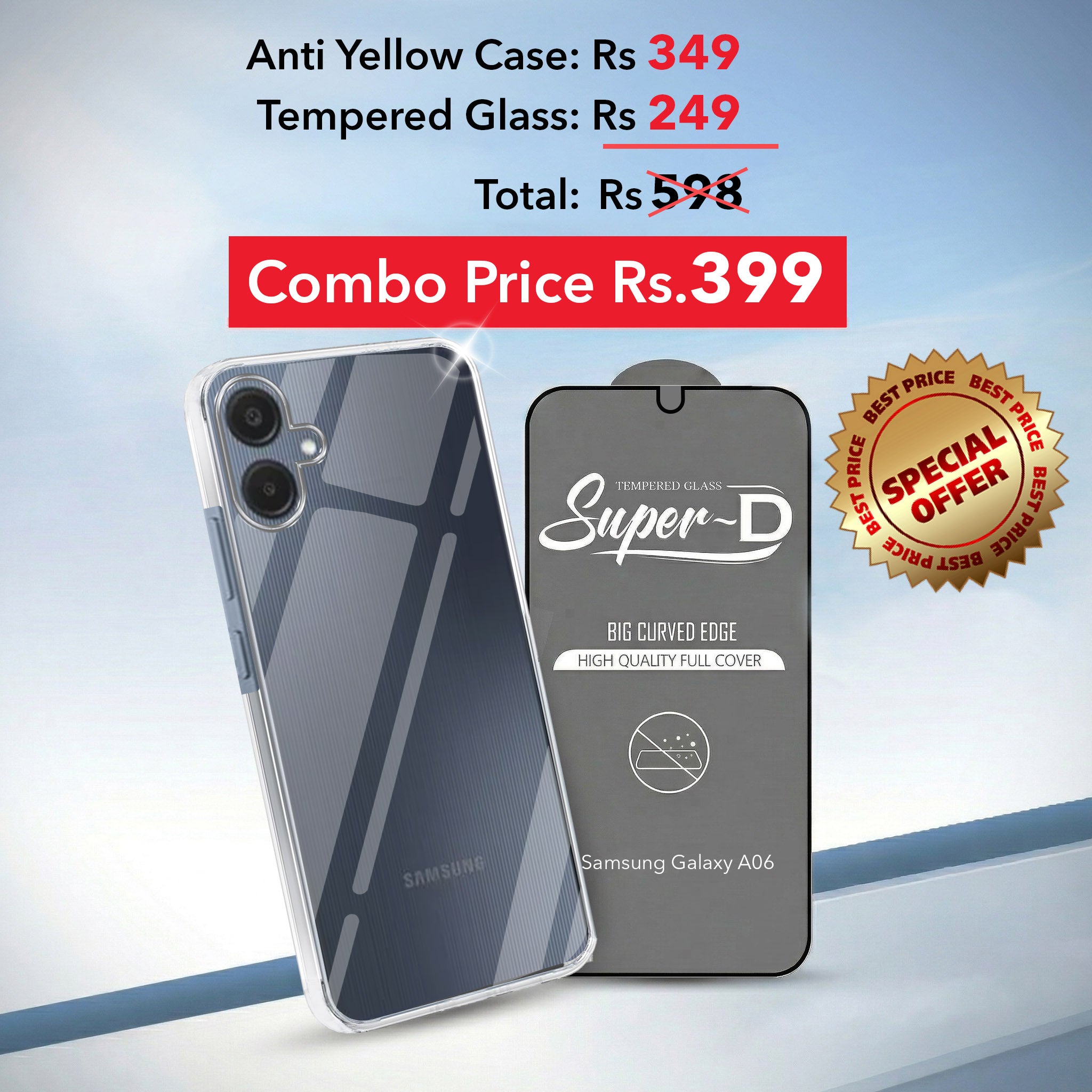 For Samsung Galaxy A06 Combo with Back Cover and 9H Tempered Glass (Lifetime Anti-Yellow | Sleek Hard Crystal | Oleophobic Coating Screen Glass)