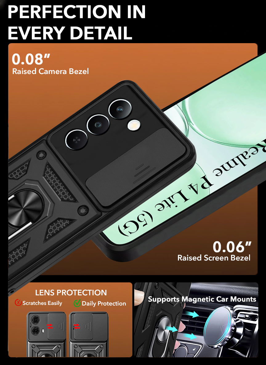 For Realme P4 Lite 5G | Realme Narzo 100 Lite 5G Back Cover Case Hybrid Armor (Sliding Shutter Camera Protection | Polycarbonate |Ring Holder Kickstand)