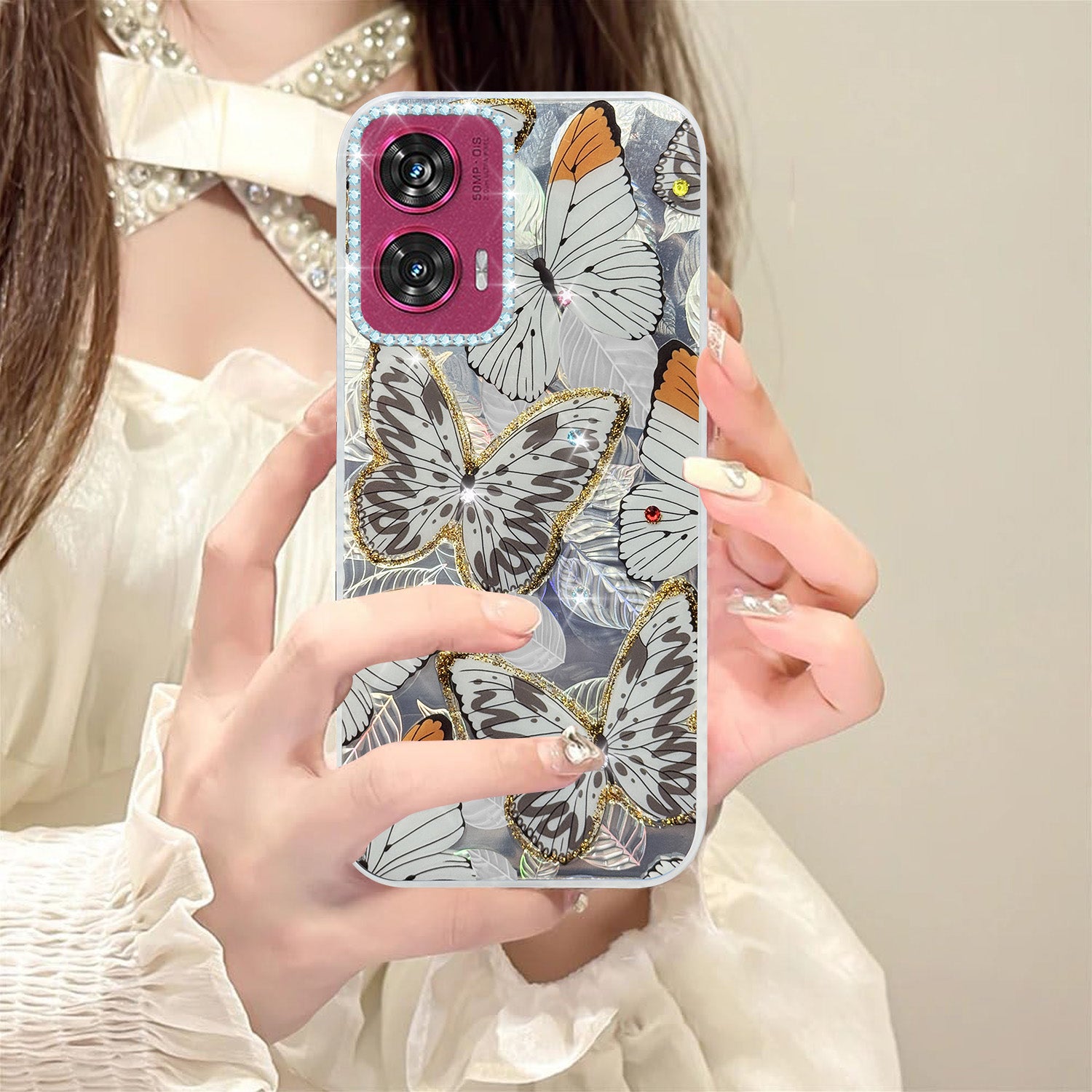 For Motorola Moto Edge 50 Fusion Back Cover Case (Luxury Floral Glitter Cute Butterfly | Diamond Studded Camera Bump | Girls & Women Design)