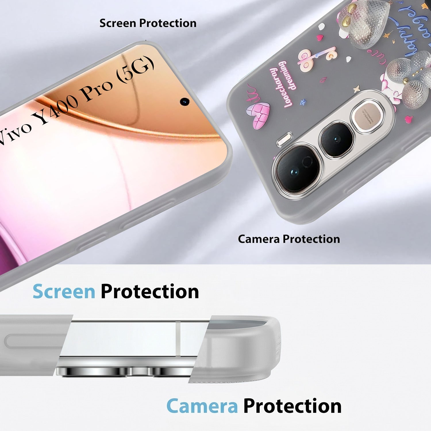 For Vivo Y400 Pro Back Cover Case (3D Cute Heart Strap Holder | Camera Protection | Designer Girls Print)