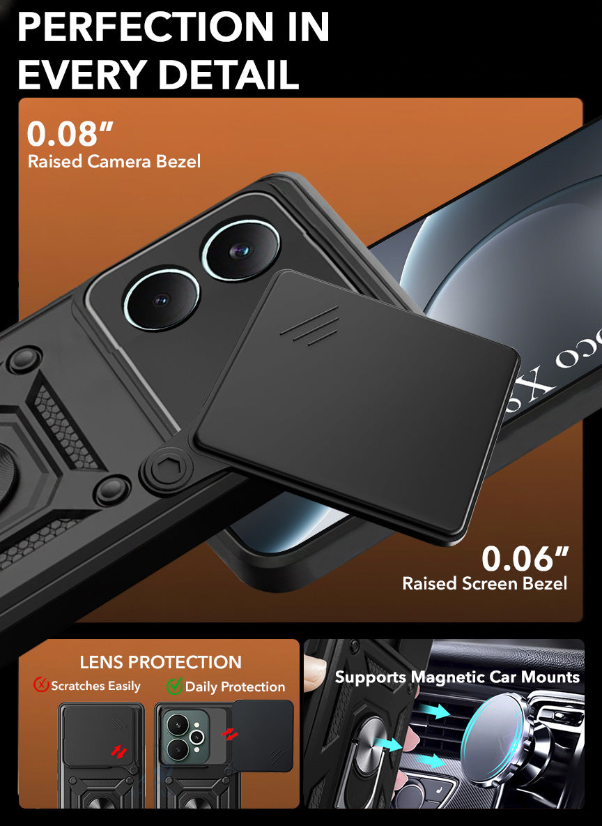 For Poco X8 Pro Back Cover Case Hybrid Armor (Sliding Shutter Camera Protection | Polycarbonate |Ring Holder Kickstand)