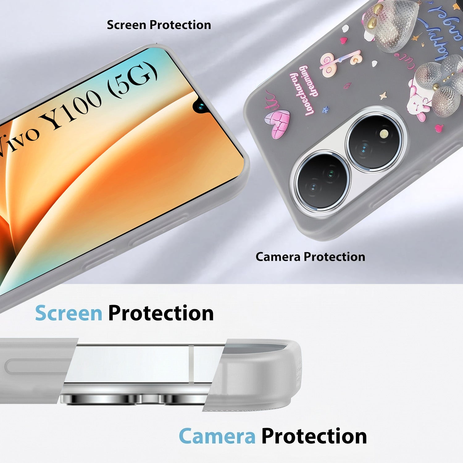 For Vivo Y100 Back Cover Case (3D Cute Heart Strap Holder | Camera Protection | Designer Girls Print)