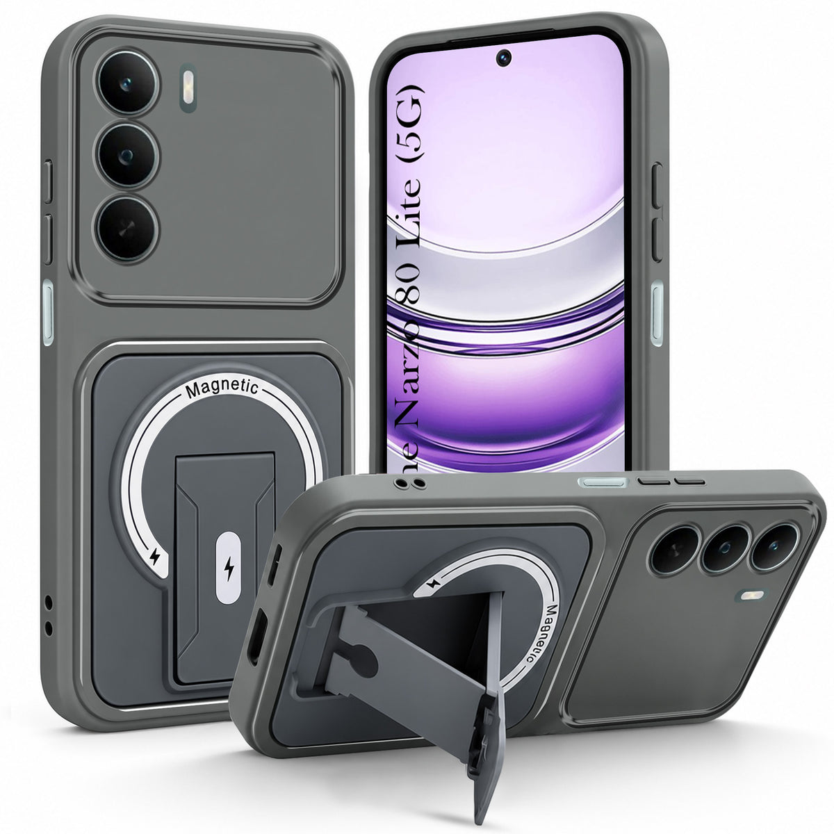 For Realme Narzo 80 Lite 5G Back Case Cover Metallic (Hybrid Armor Kickstand | MagSafe Compatible | Camera Protection Shockproof)