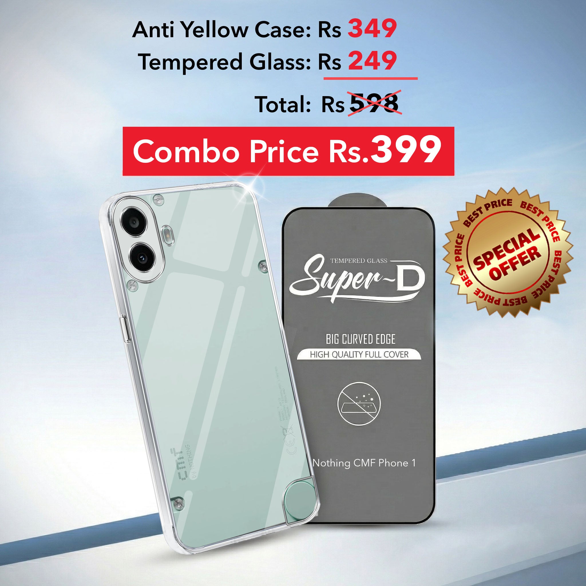 For Nothing CMF Phone 1 Combo with Back Cover and 9H Tempered Glass (Lifetime Anti-Yellow | Sleek Hard Crystal | Oleophobic Coating Screen Glass)