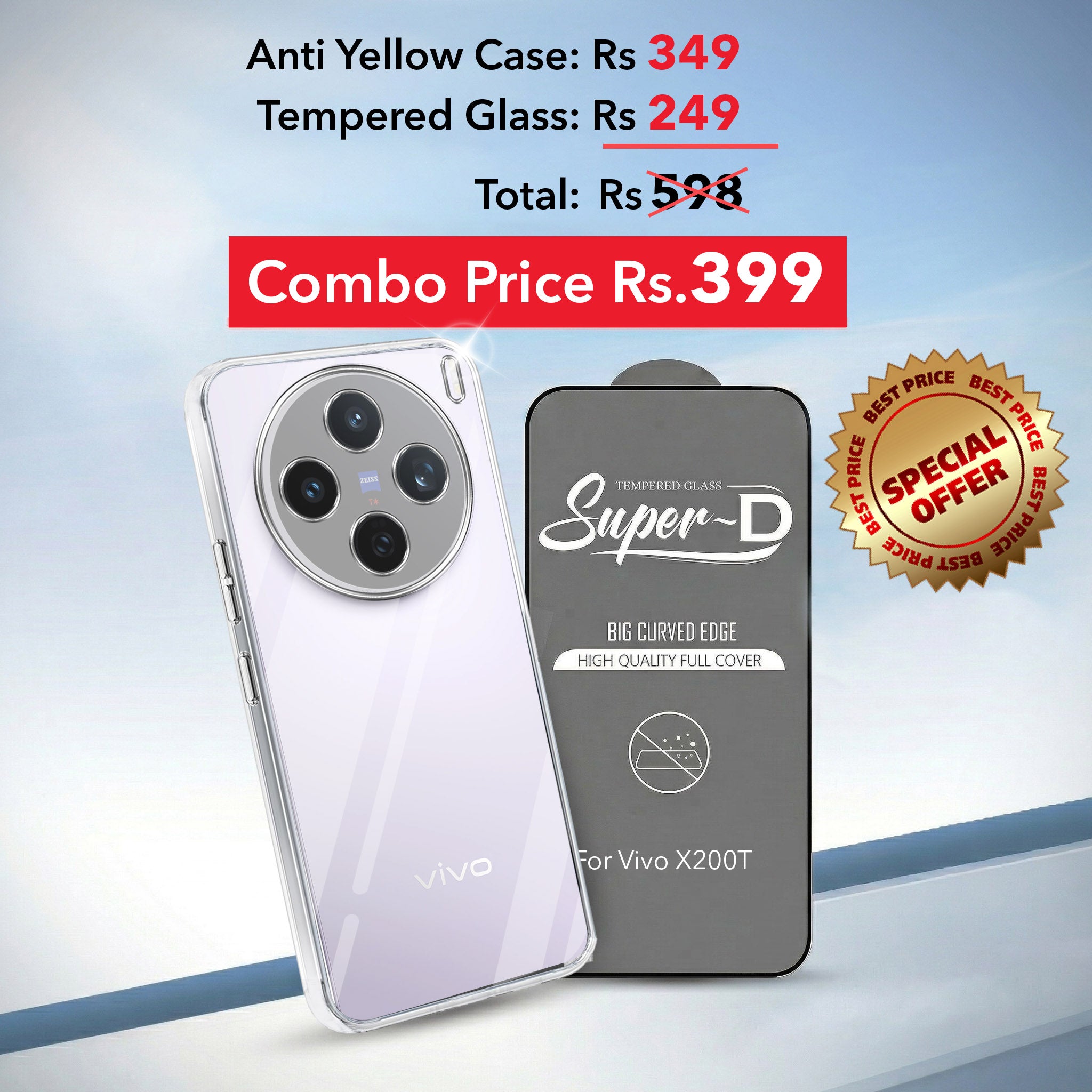 For Vivo X200T Combo with Back Cover and 9H Tempered Glass (Lifetime Anti-Yellow | Sleek Hard Crystal | Oleophobic Coating Screen Glass)