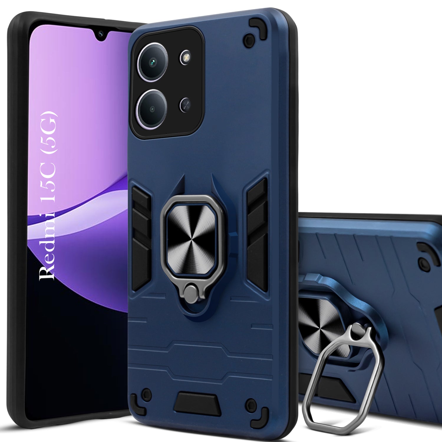 For Redmi 15C Hybrid Armor Back Cover Case (Shockproof Dual Layer Polycarbonate |Ring Holder Kickstand)