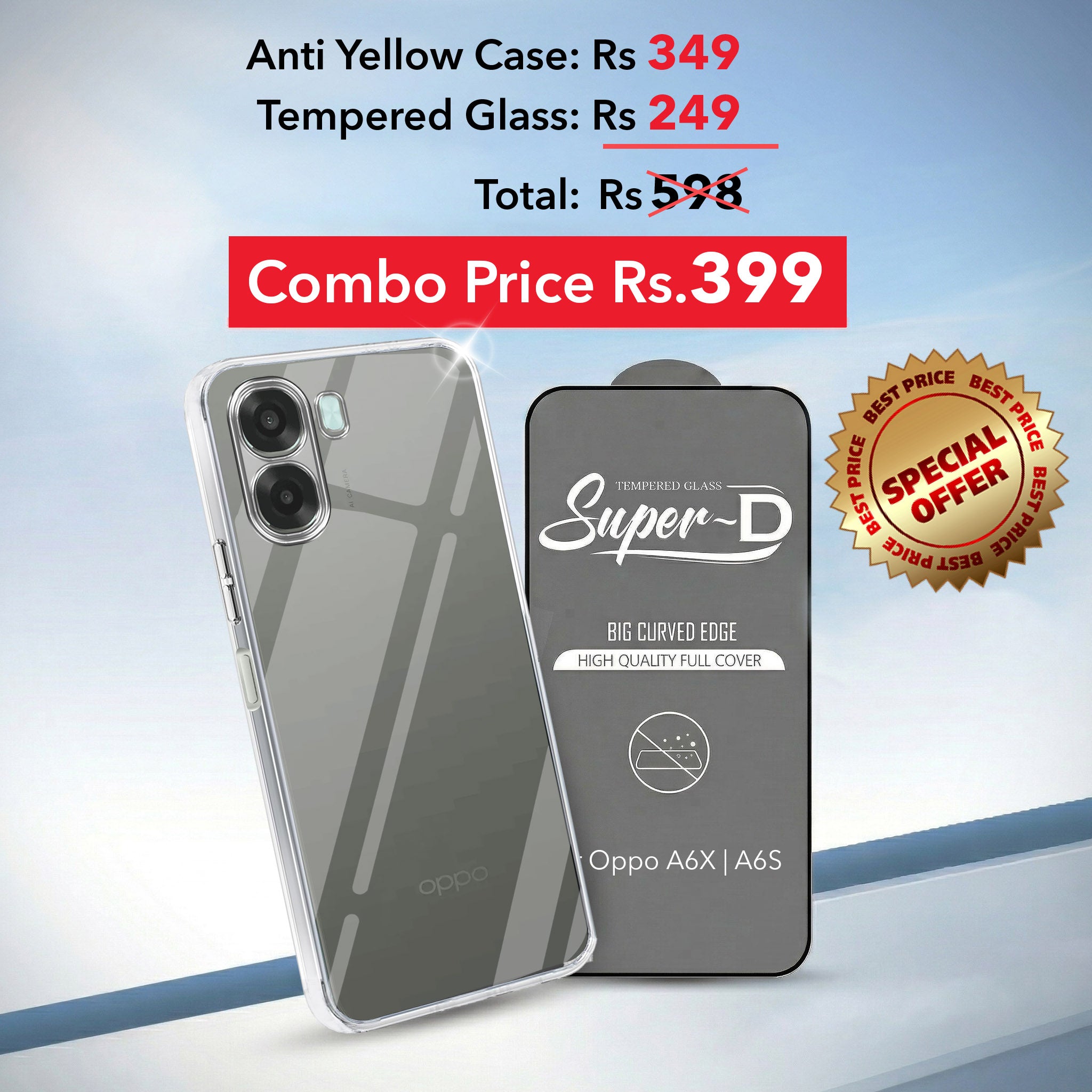 For Oppo A6X | Oppo A6S Combo with Back Cover and 9H Tempered Glass (Lifetime Anti-Yellow | Sleek Hard Crystal | Oleophobic Coating Screen Glass)