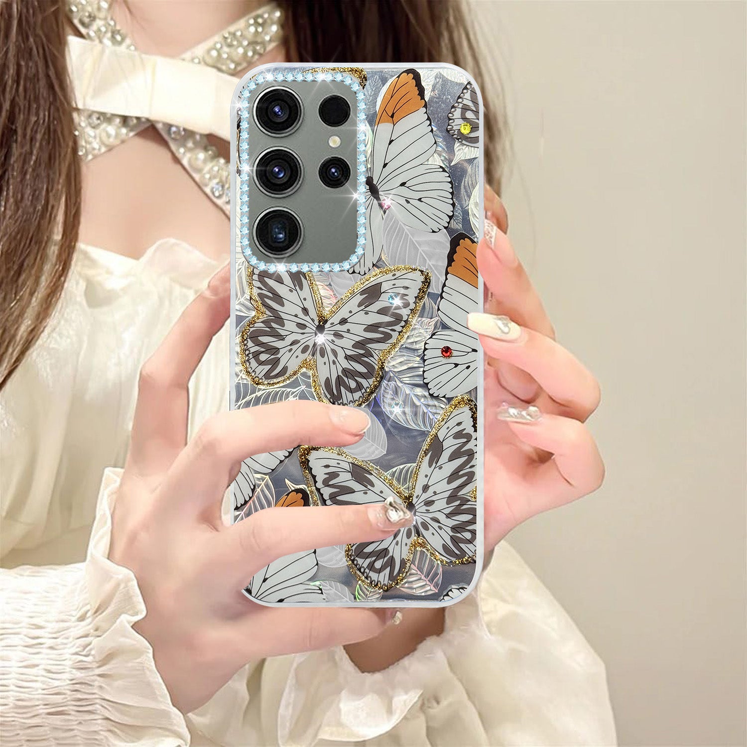 For Samsung Galaxy S23 Ultra Back Cover Case (Luxury Floral Glitter Cute Butterfly | Diamond Studded Camera Bump | Girls & Women Design)
