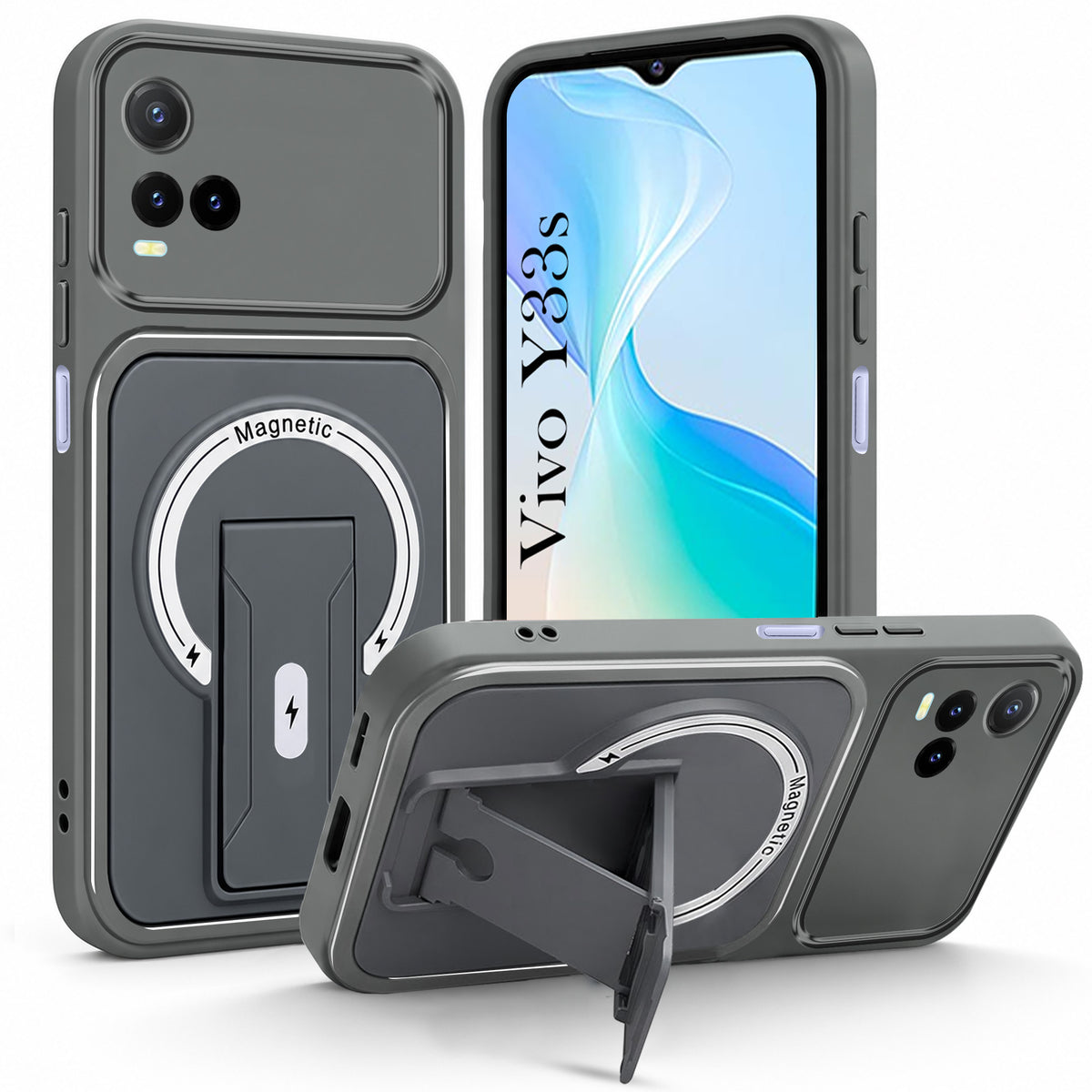 For Vivo Y33s Back Case Cover Metallic (Hybrid Armor Kickstand | MagSafe Compatible | Camera Protection Shockproof)