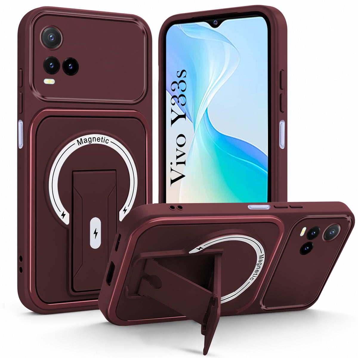 For Vivo Y33T | Vivo Y21T | Vivo Y21s Back Case Cover Metallic (Hybrid Armor Kickstand | MagSafe Compatible | Camera Protection Shockproof)