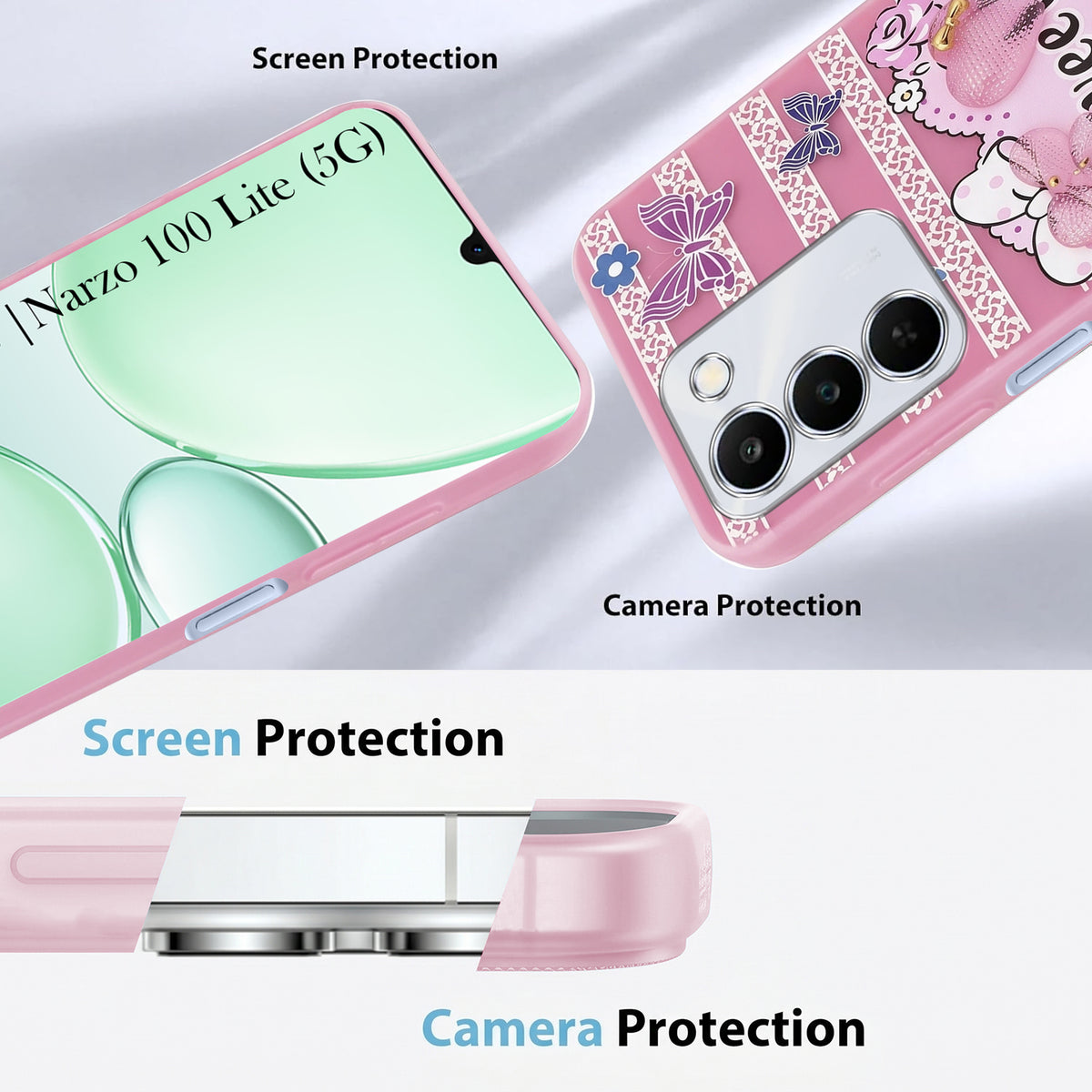 For Realme P4 Lite 5G | Narzo 100 Lite 5G Back Cover Case (3D Cute Heart Strap Holder | Camera Protection | Designer Girls Print)