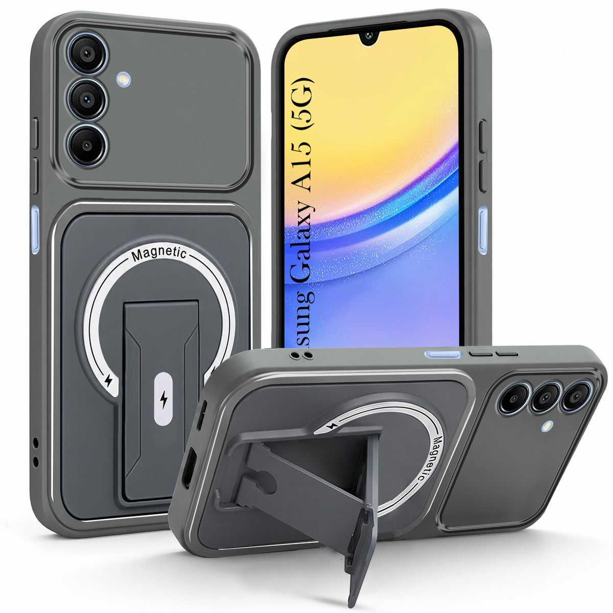 For Samsung Galaxy A15 5G Back Case Cover Metallic (Hybrid Armor Kickstand | MagSafe Compatible | Camera Protection Shockproof)