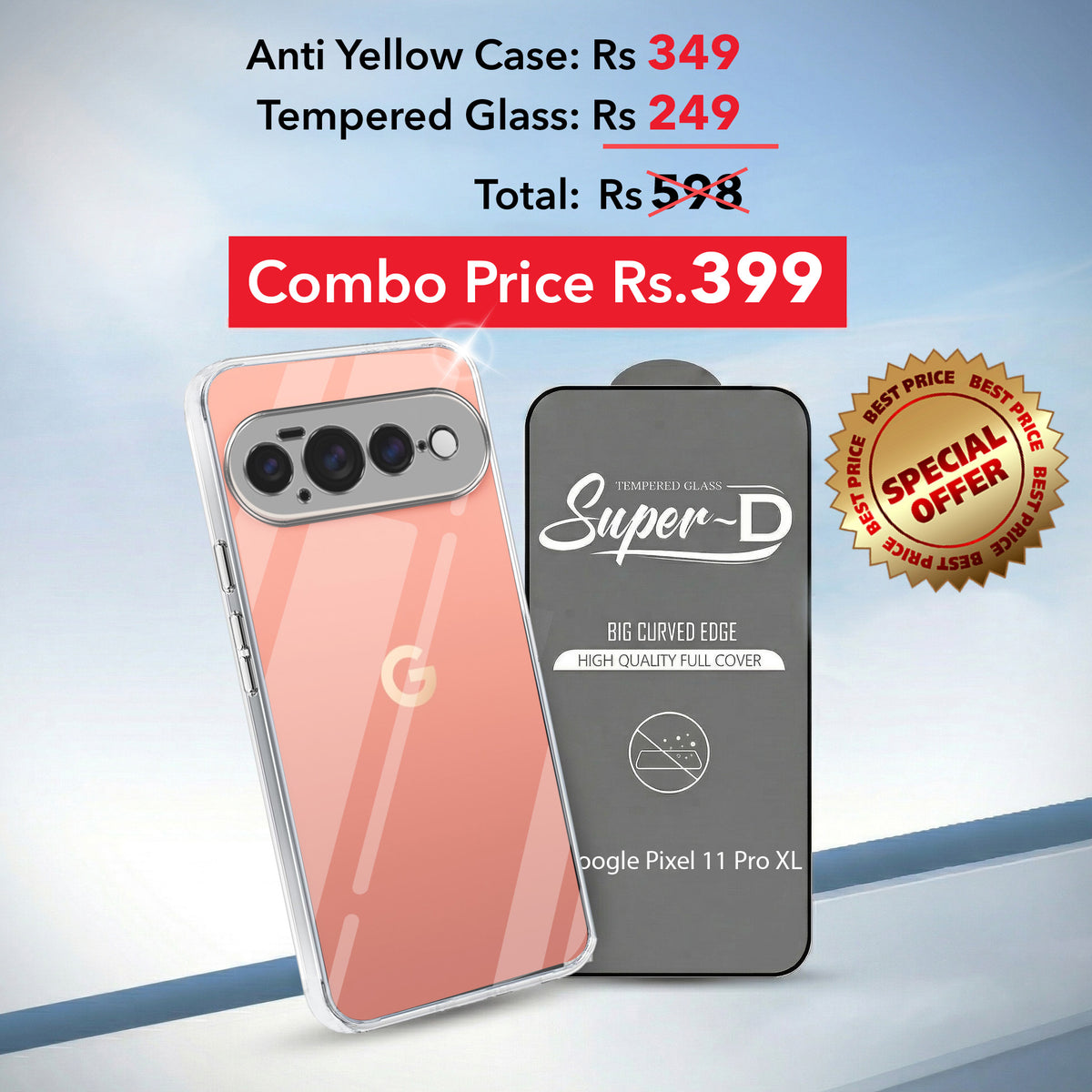 For Google Pixel 11 Pro XL Combo with Back Cover and 9H Tempered Glass (Lifetime Anti-Yellow | Sleek Hard Crystal | Oleophobic Coating Screen Glass)