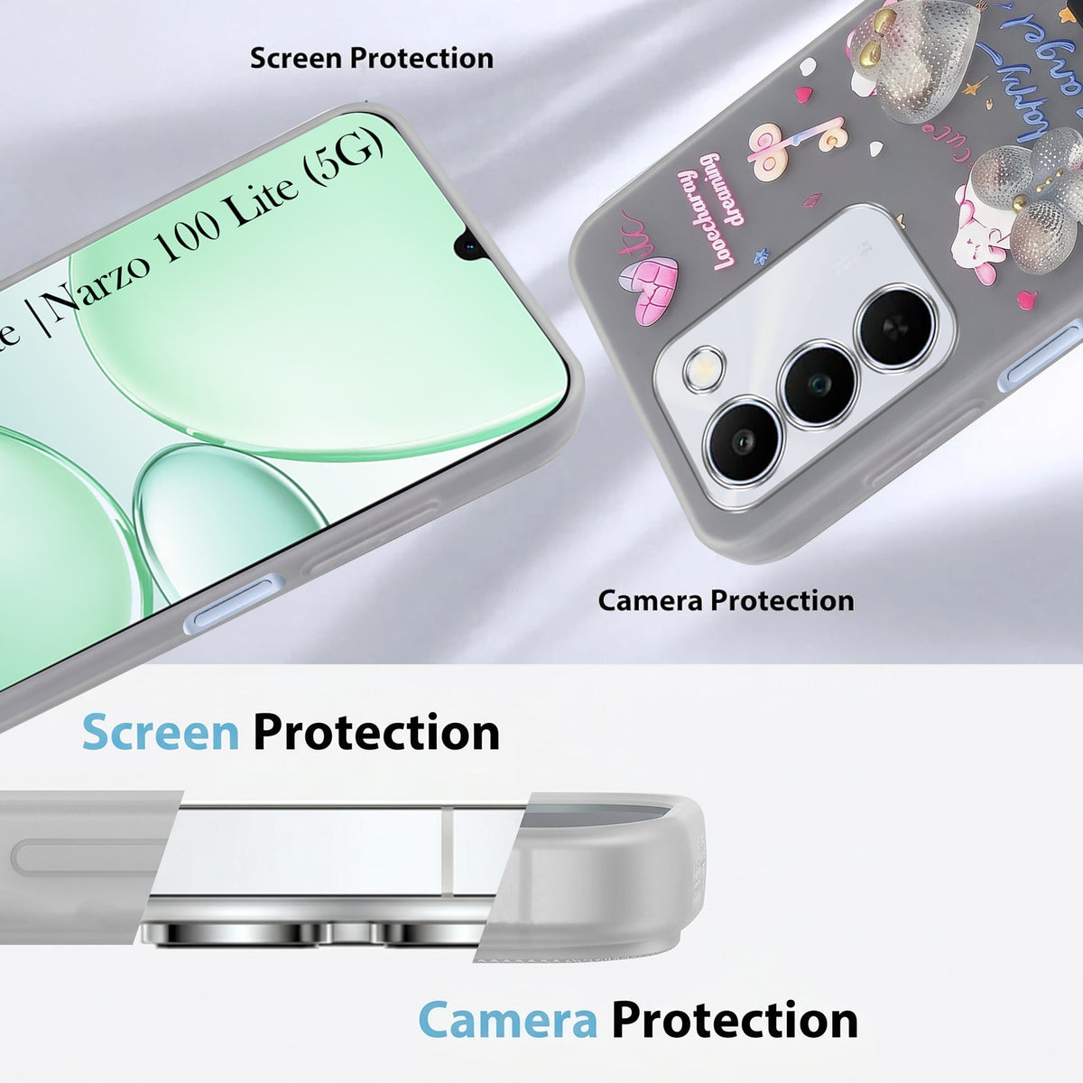 For Realme P4 Lite 5G | Narzo 100 Lite 5G Back Cover Case (3D Cute Heart Strap Holder | Camera Protection | Designer Girls Print)