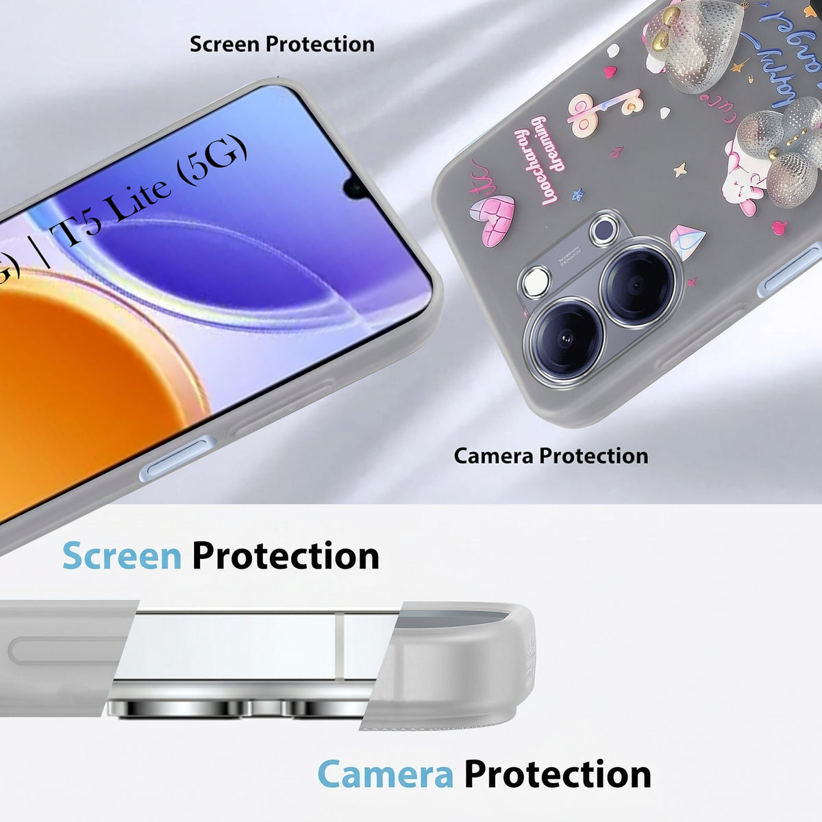 For Vivo Y05 (4G) | Vivo T5 Lite (5G) Back Cover Case (3D Cute Heart Strap Holder | Camera Protection | Designer Girls Print)