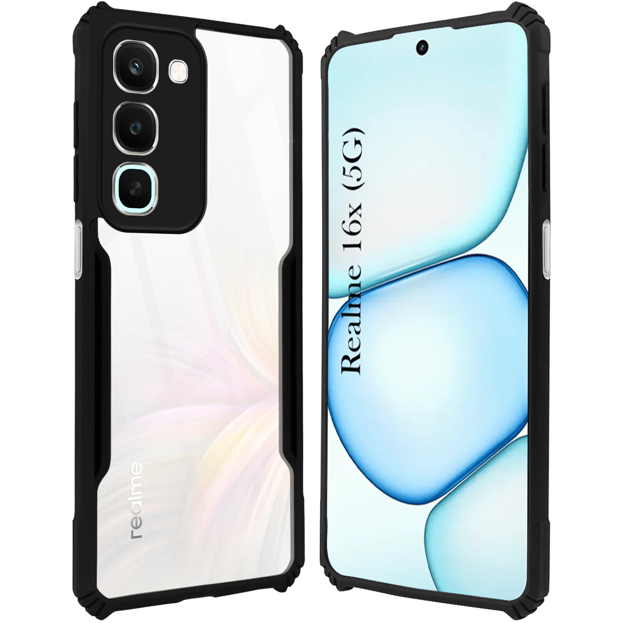 For Realme 16x Back Cover Case Hybrid (Shockproof with Polycarbonate Clear Panel | Professional Black)