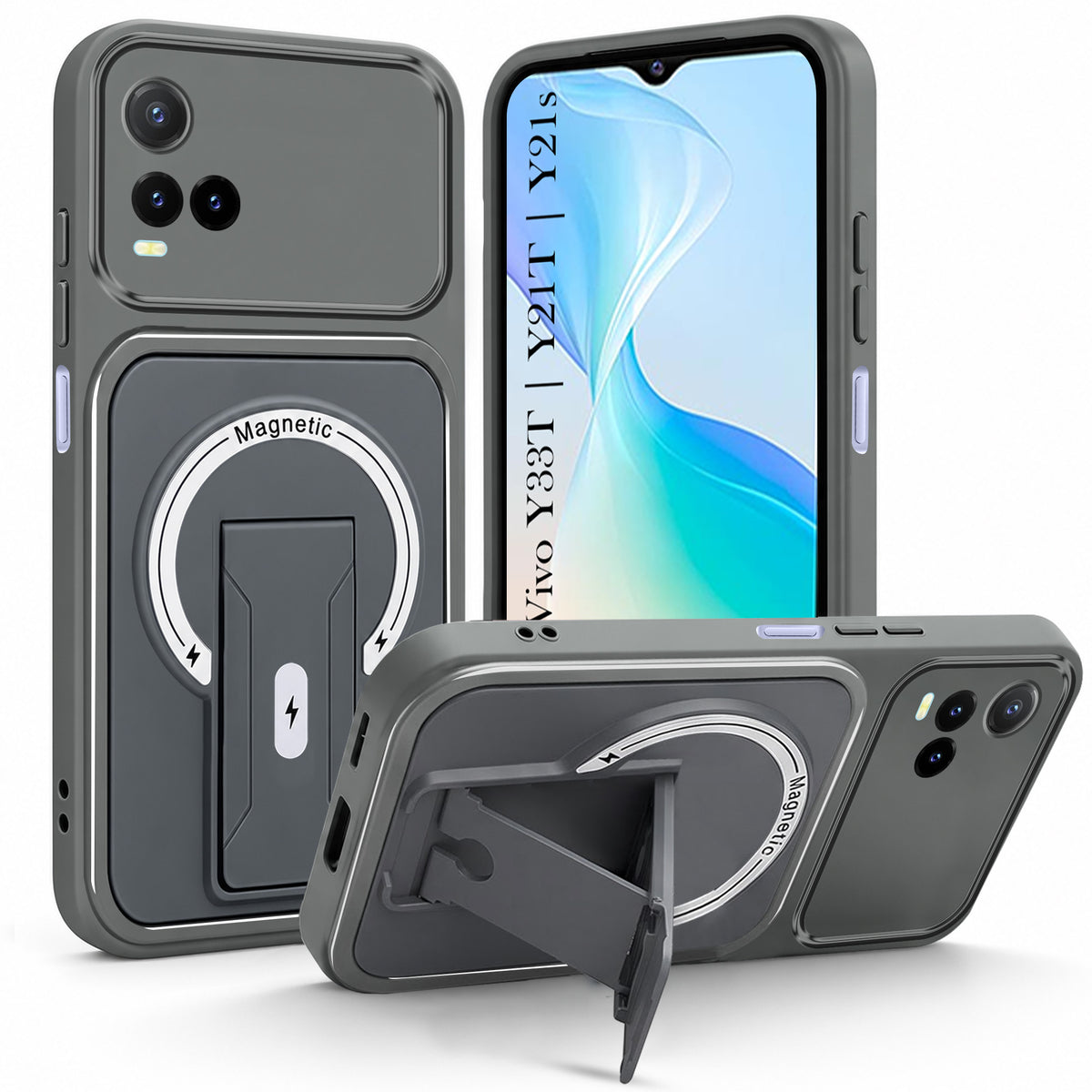 For Vivo Y33T | Vivo Y21T | Vivo Y21s Back Case Cover Metallic (Hybrid Armor Kickstand | MagSafe Compatible | Camera Protection Shockproof)