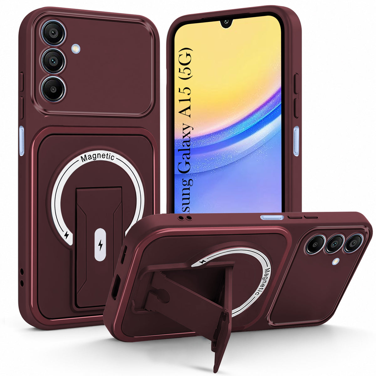 For Samsung Galaxy A15 5G Back Case Cover Metallic (Hybrid Armor Kickstand | MagSafe Compatible | Camera Protection Shockproof)