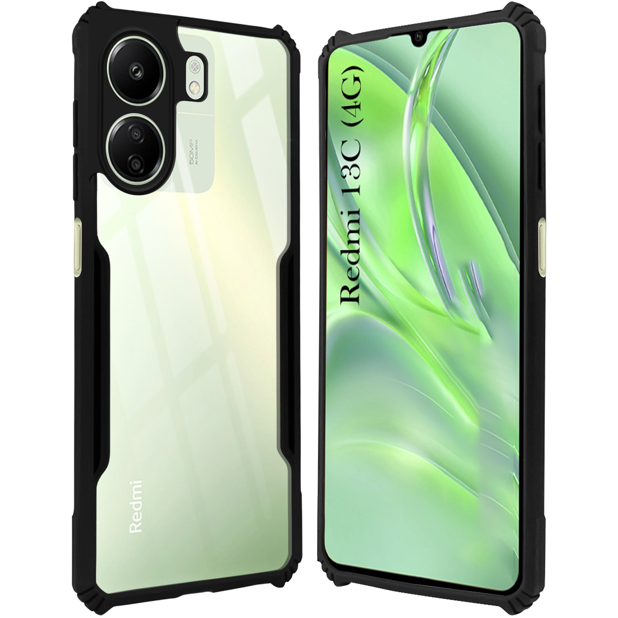 For Redmi 13C 4G Back Cover Case Hybrid (Shockproof with Polycarbonate Clear Panel | Professional Black)