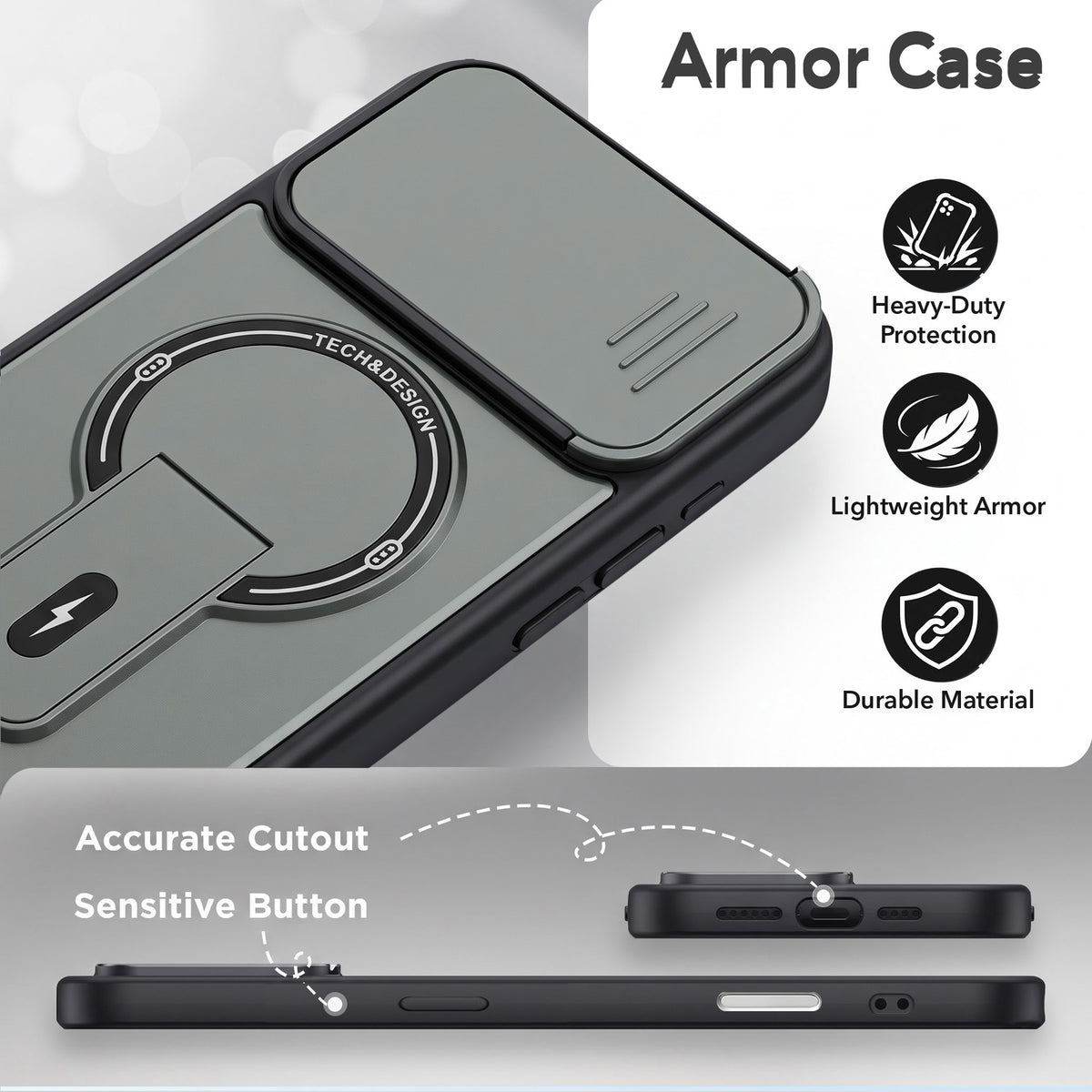 For Apple iPhone 17 Back Case Cover Metallic (Hybrid Armor Kickstand | Sliding Shutter Camera Protection | MagSafe Compatible)