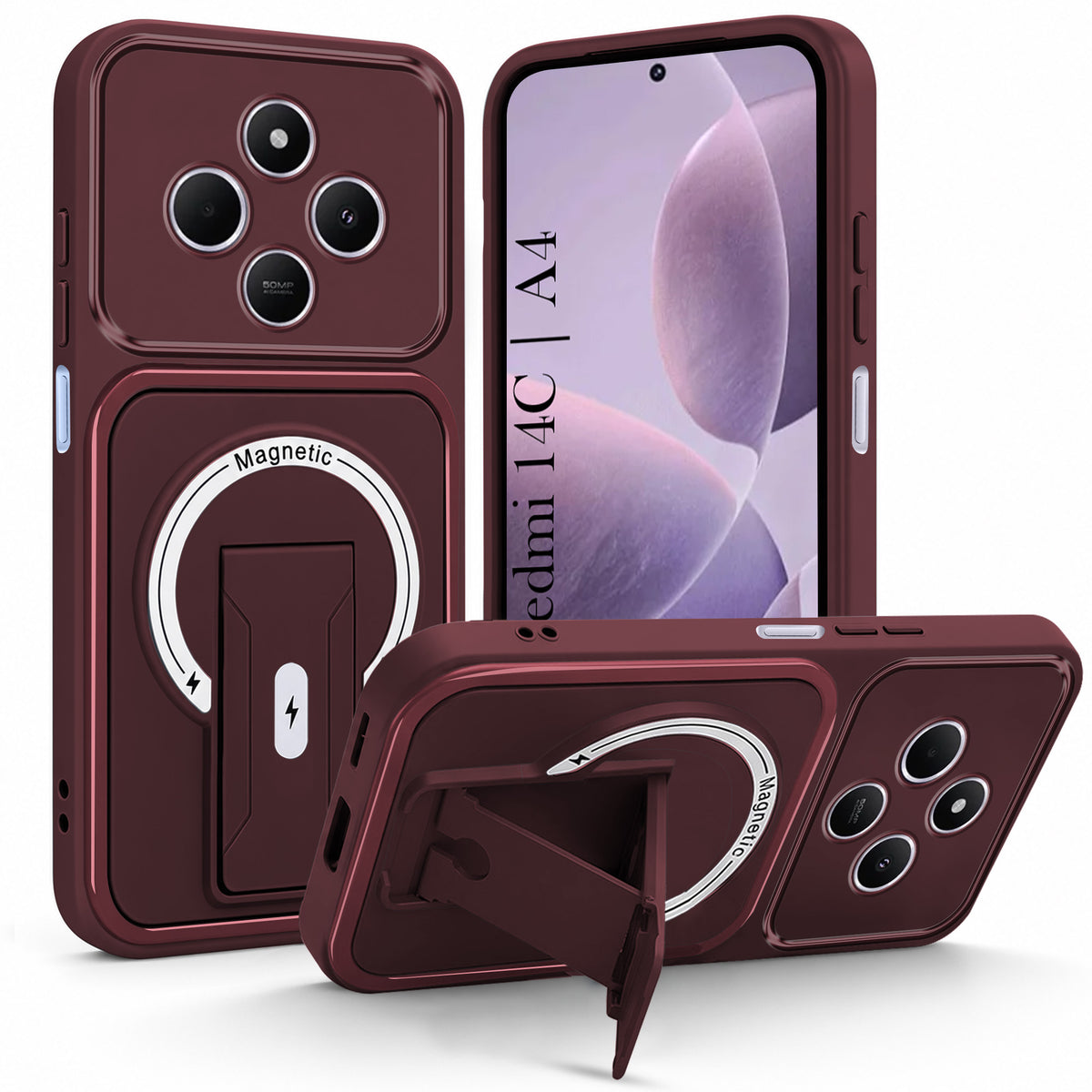 For Redmi A4 5G | Xiaomi Redmi 14C Back Case Cover Metallic (Hybrid Armor Kickstand | MagSafe Compatible | Camera Protection Shockproof)