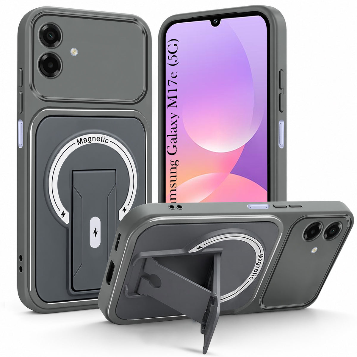 For Samsung Galaxy M17e Back Case Cover Metallic (Hybrid Armor Kickstand | MagSafe Compatible | Camera Protection Shockproof)