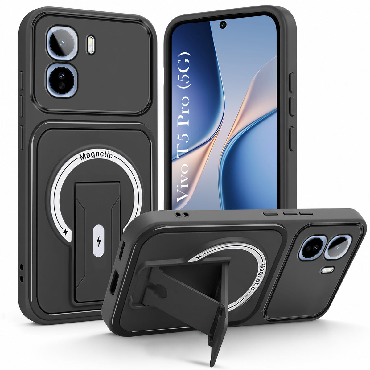 For Vivo T5 Pro 5G Back Case Cover Metallic (Hybrid Armor Kickstand | MagSafe Compatible | Camera Protection Shockproof)