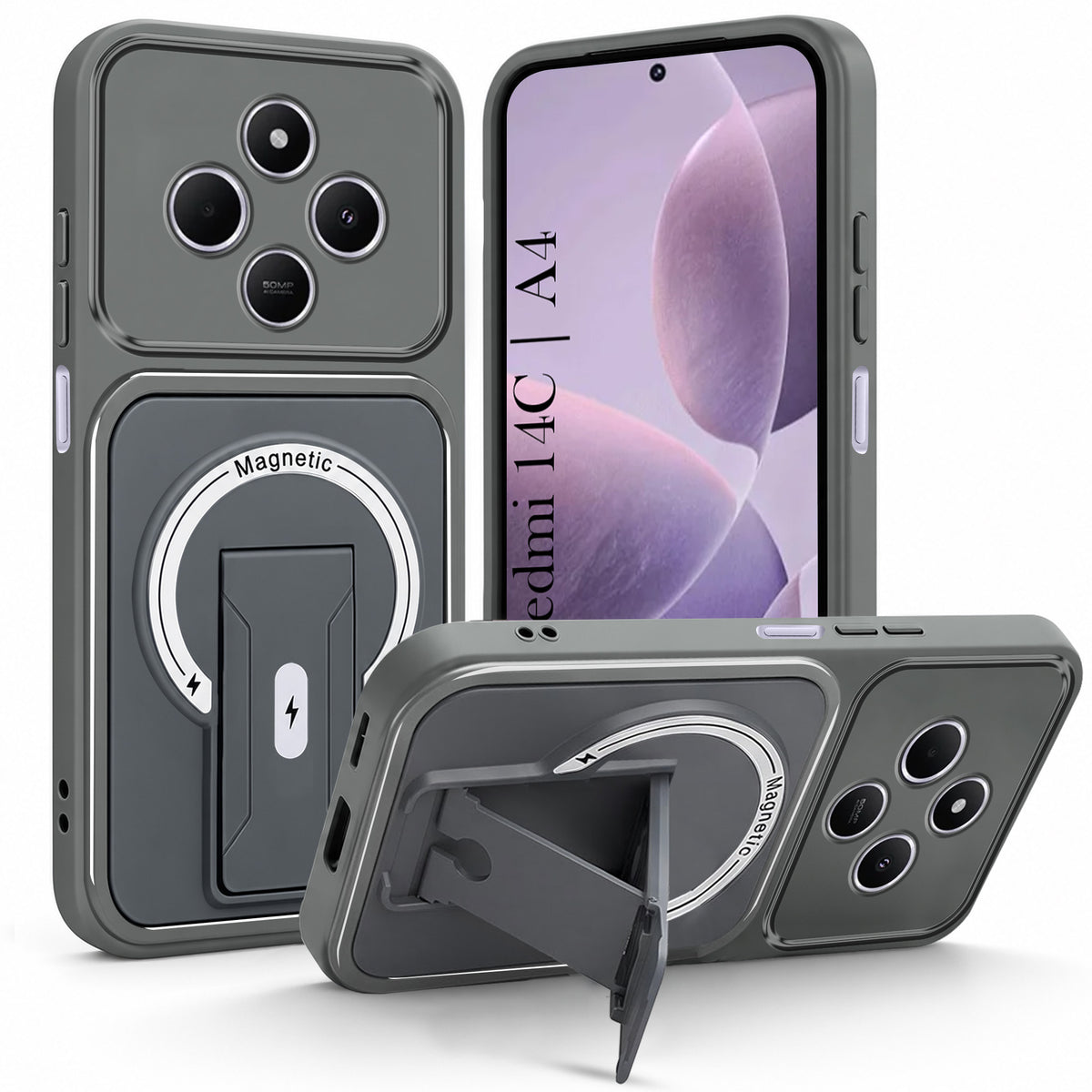 For Redmi A4 5G | Xiaomi Redmi 14C Back Case Cover Metallic (Hybrid Armor Kickstand | MagSafe Compatible | Camera Protection Shockproof)