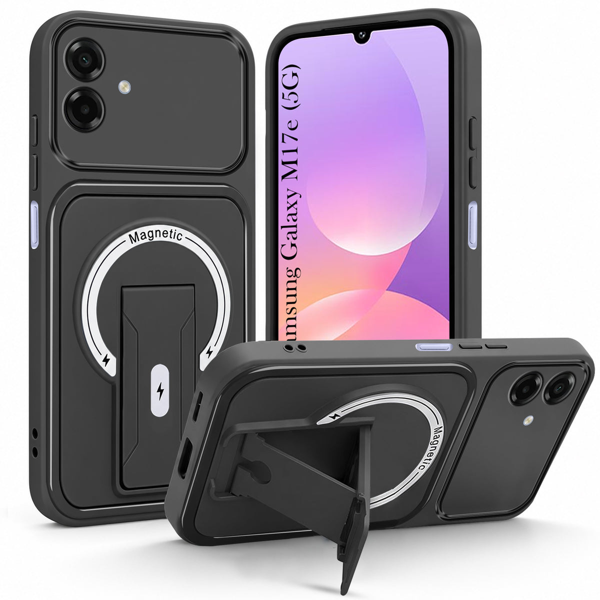For Samsung Galaxy M17e Back Case Cover Metallic (Hybrid Armor Kickstand | MagSafe Compatible | Camera Protection Shockproof)