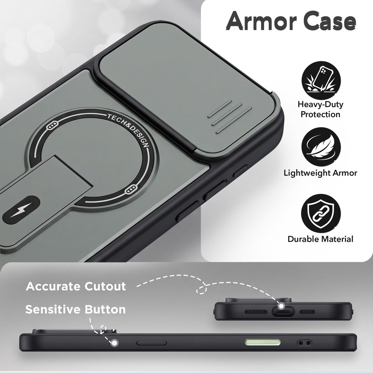 For Apple iPhone 16 Back Case Cover Metallic (Hybrid Armor Kickstand | Sliding Shutter Camera Protection | MagSafe Compatible)