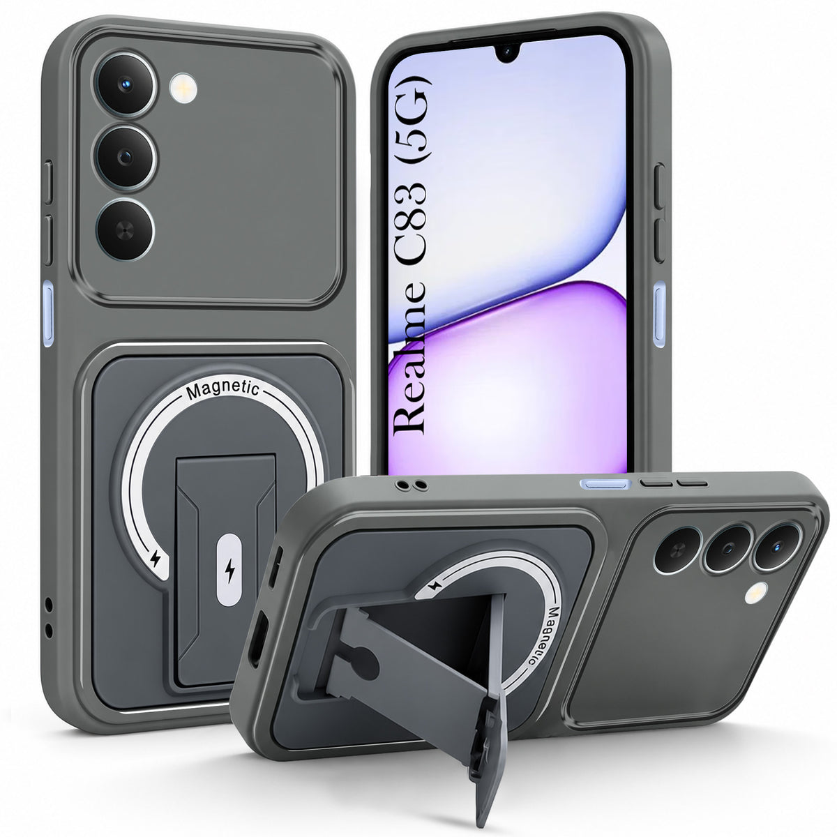 For Realme C83 5G Back Case Cover Metallic (Hybrid Armor Kickstand | MagSafe Compatible | Camera Protection Shockproof)