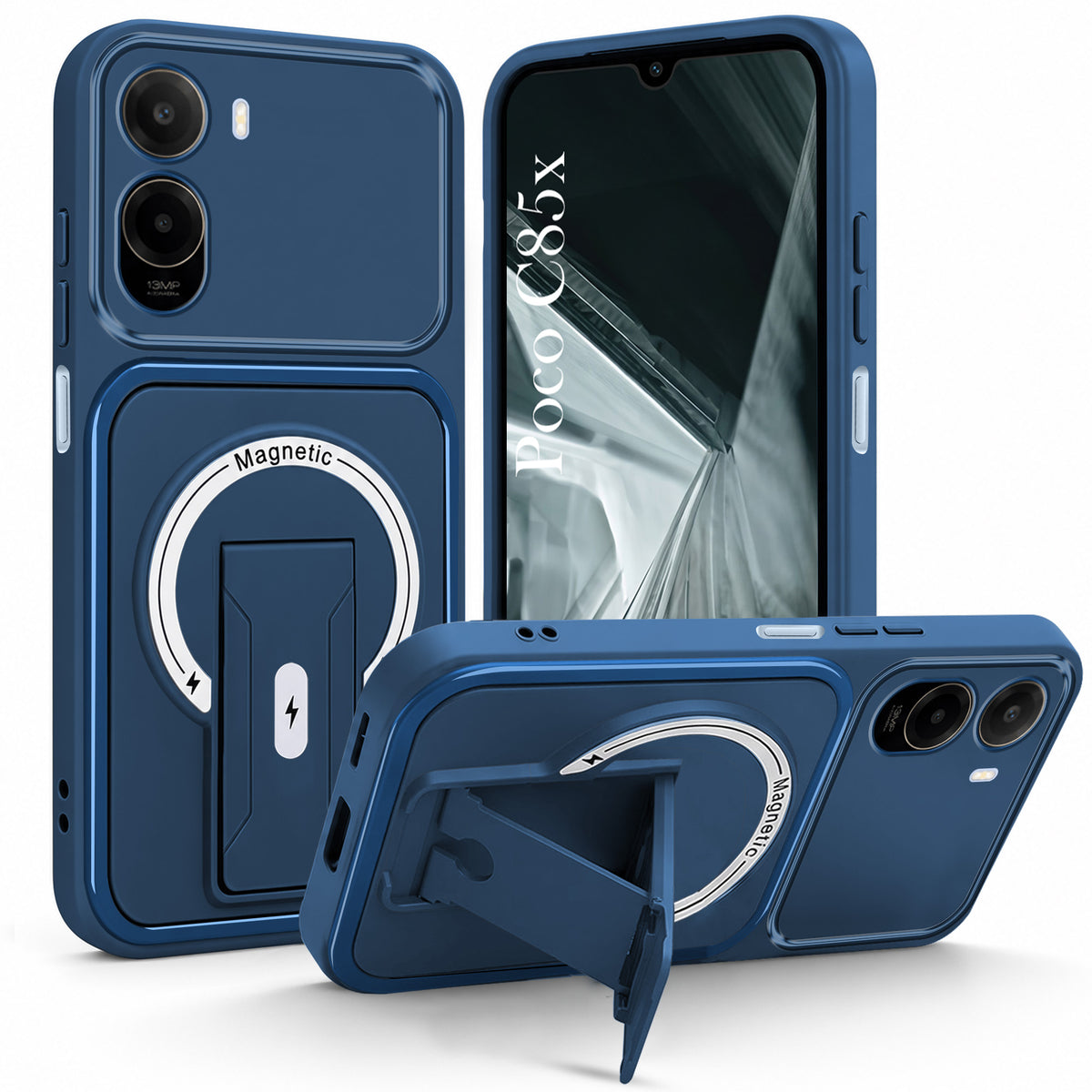 For Poco C85x 5G Back Case Cover Metallic (Hybrid Armor Kickstand | MagSafe Compatible | Camera Protection Shockproof)