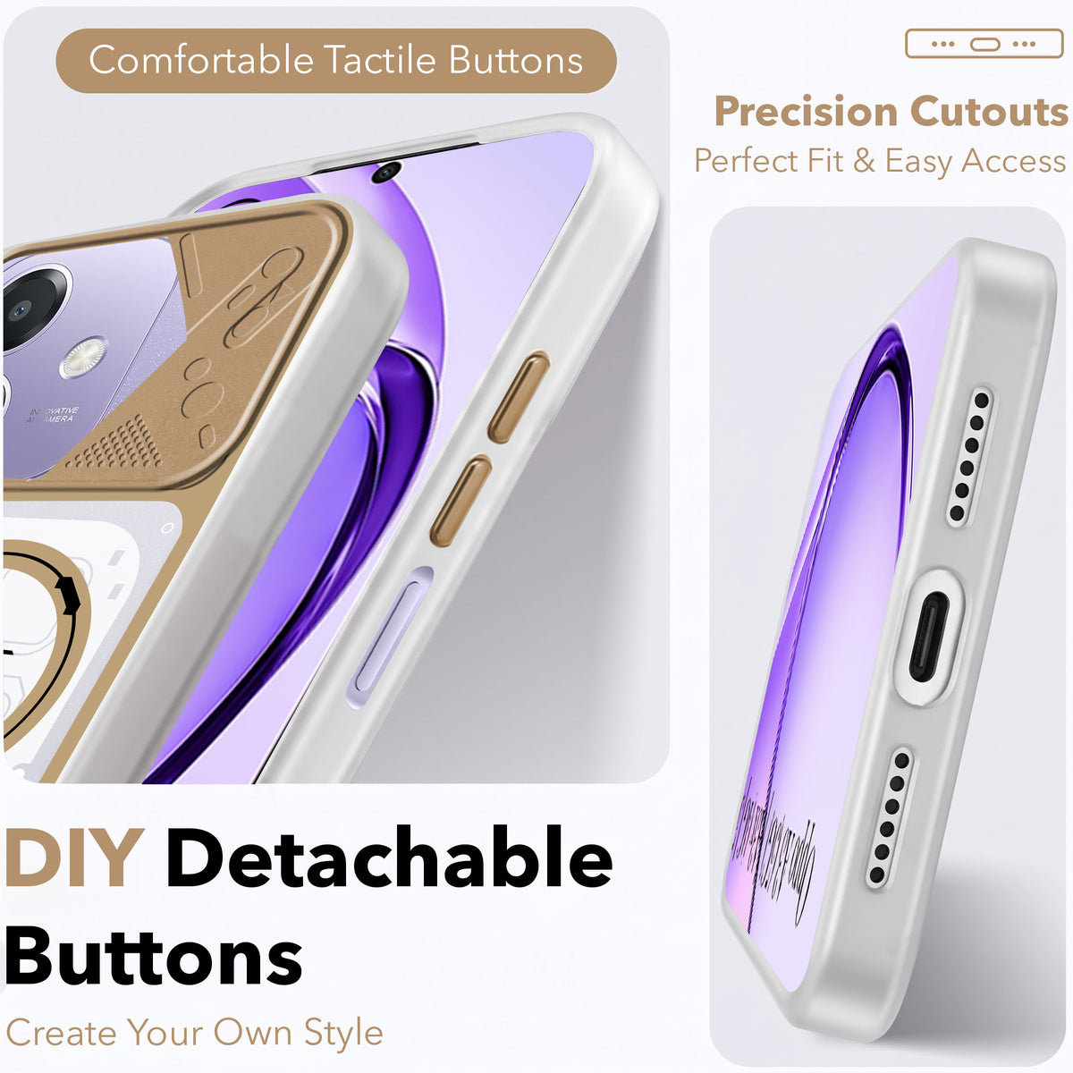 For Oppo A3X (4G/5G) | Oppo A3 5G Metallic Back Cover Case (Metallic Camera Protection & Buttons | Translucent Milky Shade | Hard Polycarbonate)