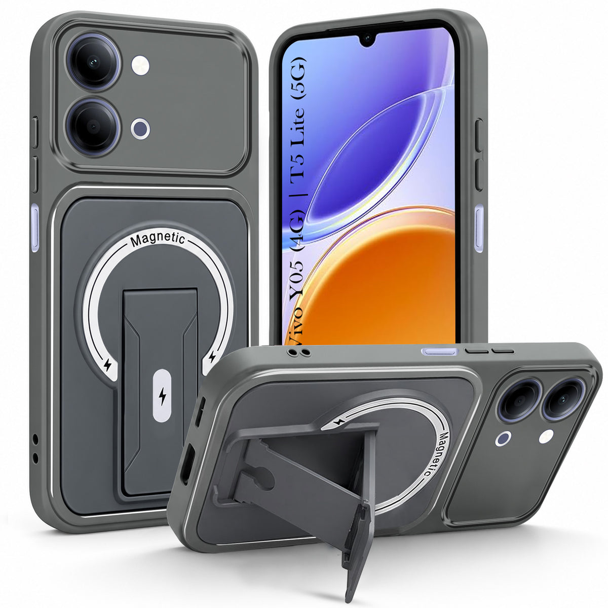 For Vivo Y05 4G | Vivo T5 Lite 5G Back Case Cover Metallic (Hybrid Armor Kickstand | MagSafe Compatible | Camera Protection Shockproof)