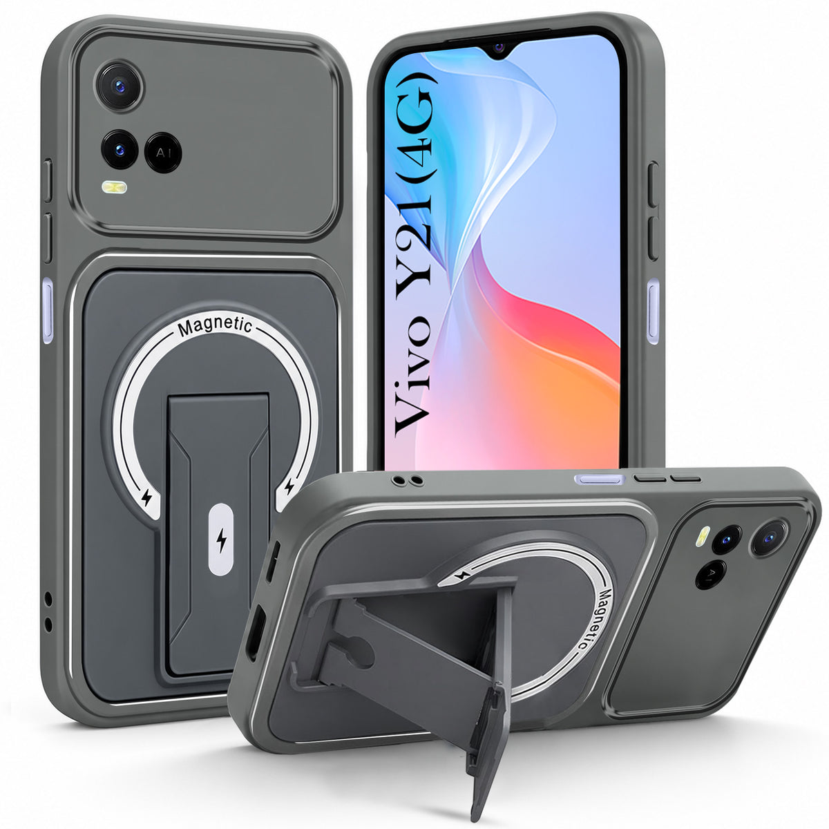 For Vivo Y21 2021 Back Case Cover Metallic (Hybrid Armor Kickstand | MagSafe Compatible | Camera Protection Shockproof)