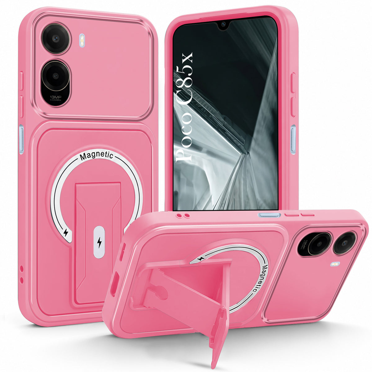 For Poco C85x 5G Back Case Cover Metallic (Hybrid Armor Kickstand | MagSafe Compatible | Camera Protection Shockproof)