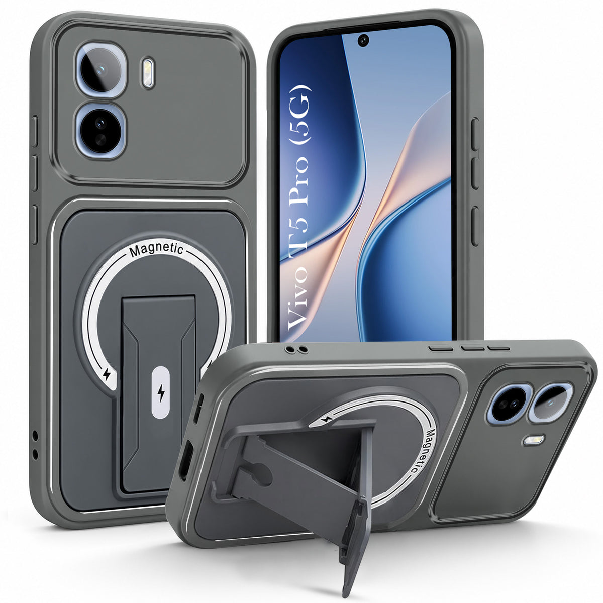 For Vivo T5 Pro 5G Back Case Cover Metallic (Hybrid Armor Kickstand | MagSafe Compatible | Camera Protection Shockproof)