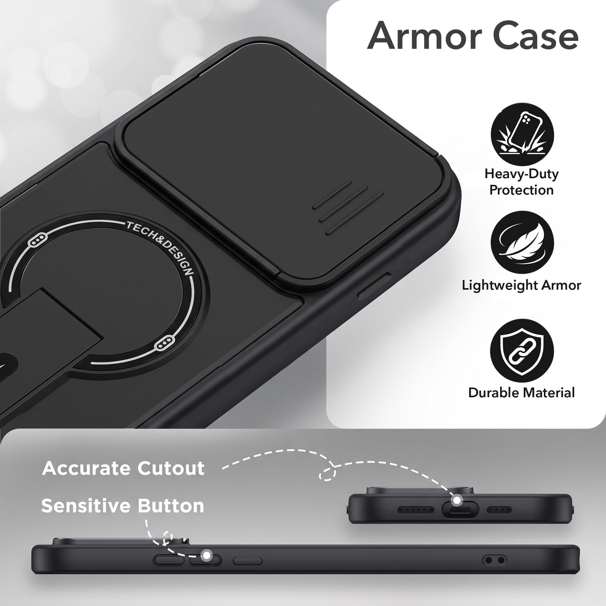 For OnePlus 15 5G Back Case Cover Metallic (Hybrid Armor Kickstand | Sliding Shutter Camera Protection | MagSafe Compatible)