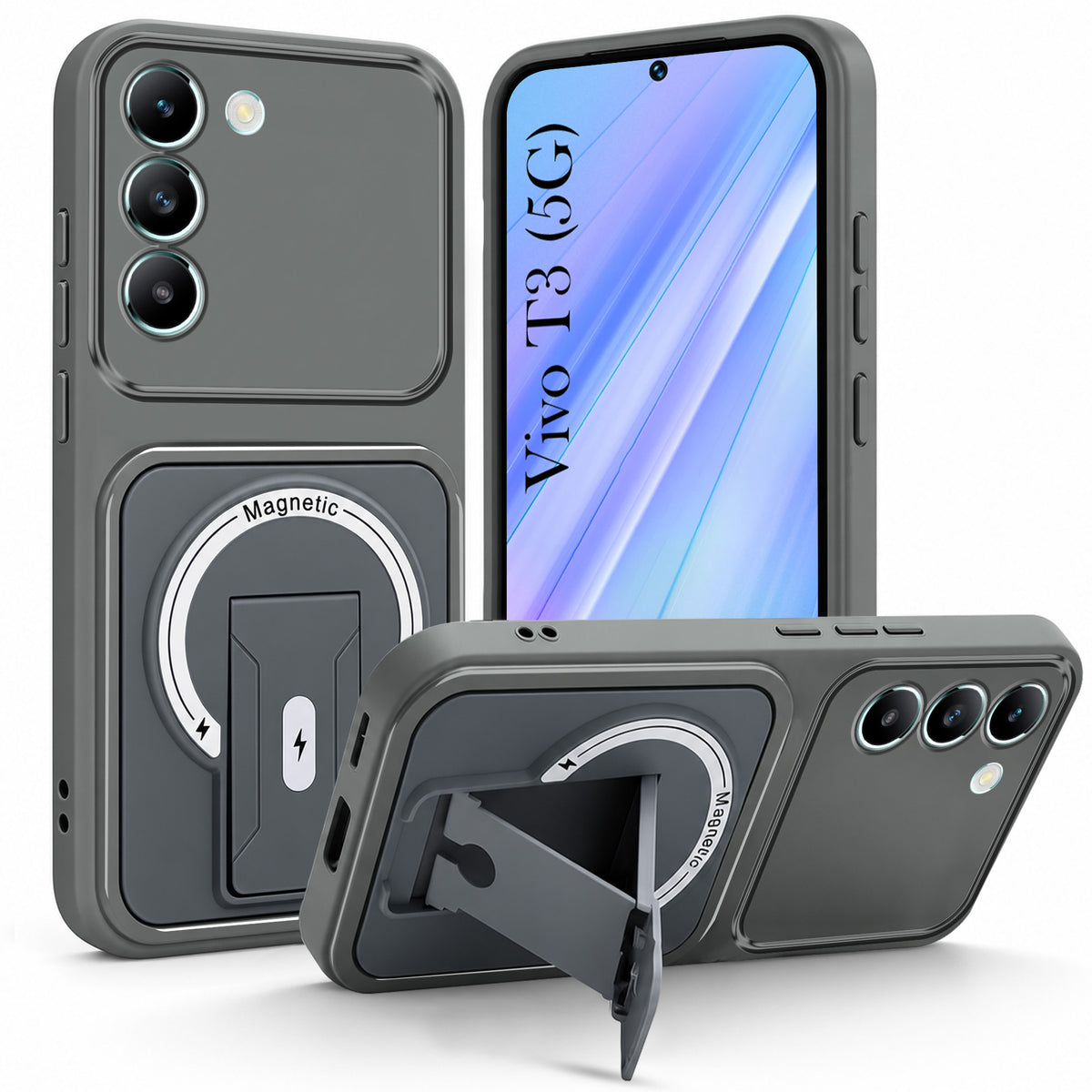 For Vivo T3 5G Back Case Cover Metallic (Hybrid Armor Kickstand | MagSafe Compatible | Camera Protection Shockproof)