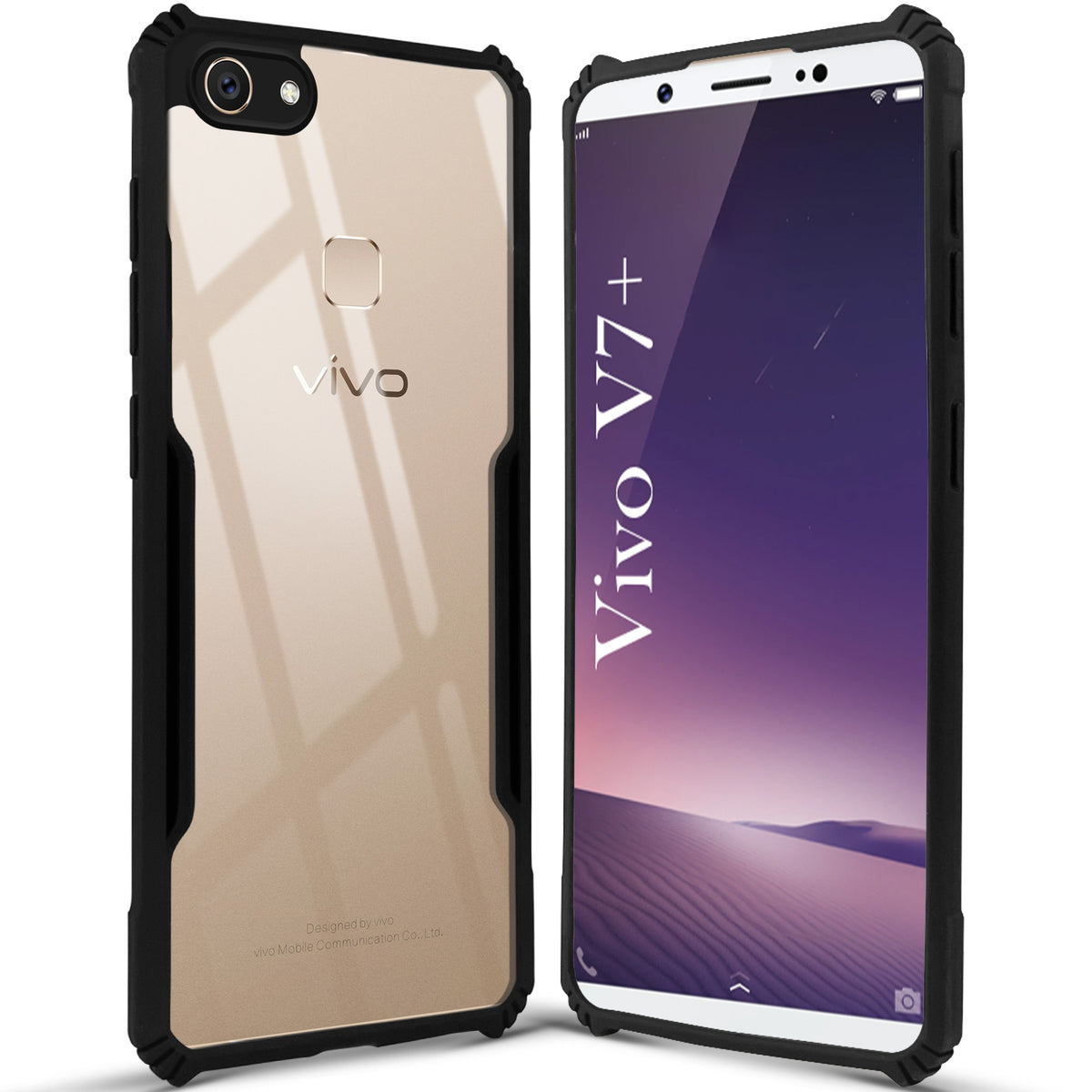 For Vivo V7 Plus Back Cover Case Hybrid (Shockproof with Polycarbonate Clear Panel | Professional Black)