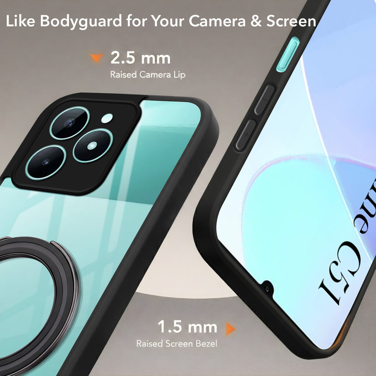 For Realme C51 Back Cover Case (Kick Stand Ring Holder | Life time Anti Yellow | Camera Protection)