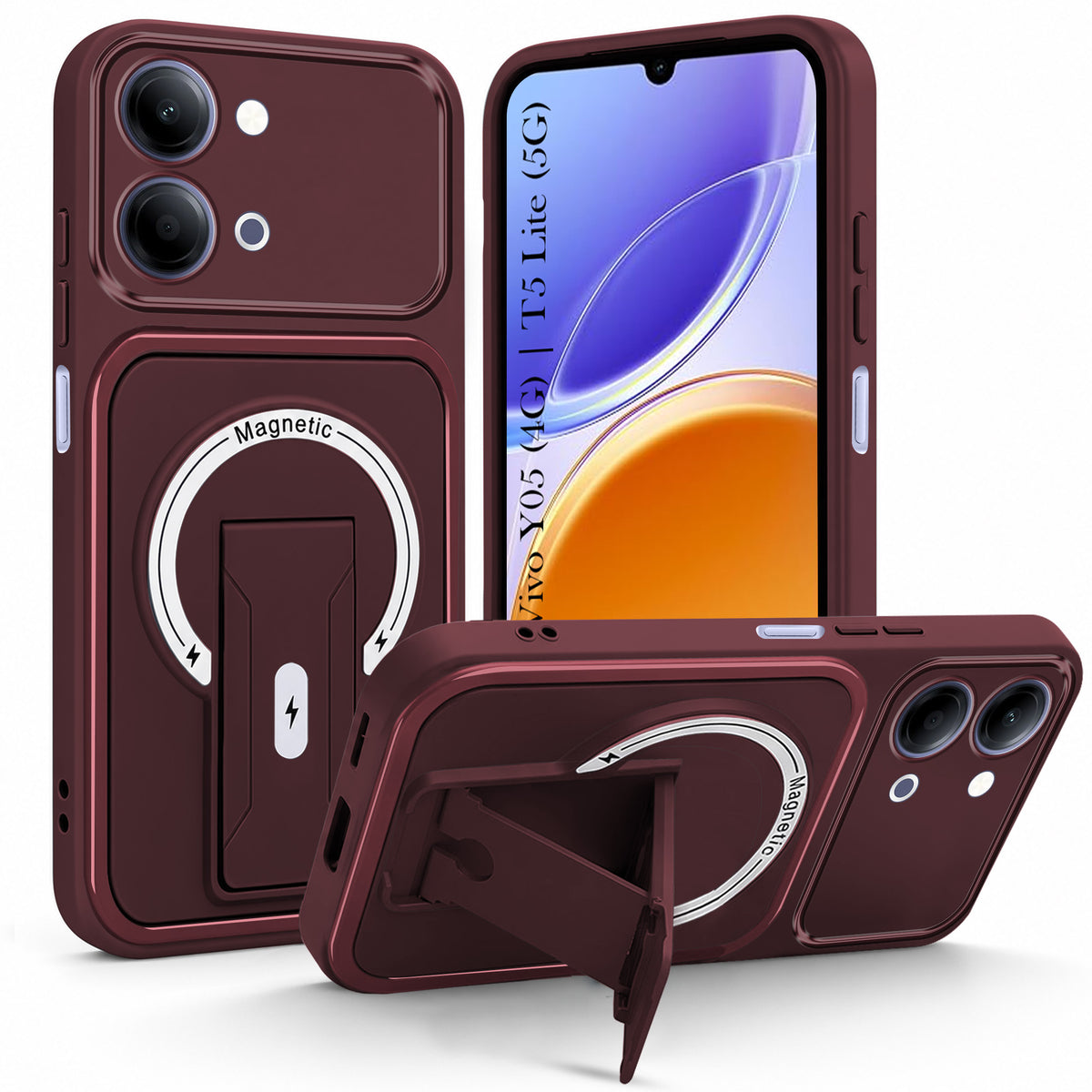 For Vivo Y05 4G | Vivo T5 Lite 5G Back Case Cover Metallic (Hybrid Armor Kickstand | MagSafe Compatible | Camera Protection Shockproof)